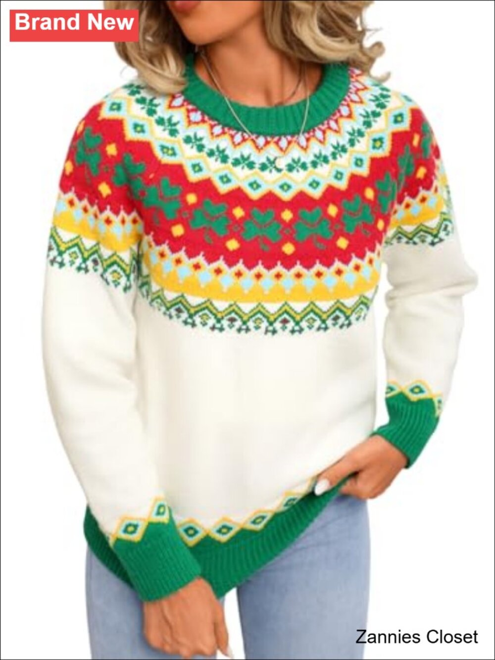 ✨ Fair Isle Lucky Clover Chunky Knit Sweater Pullover Crew Neck Long Sleeve